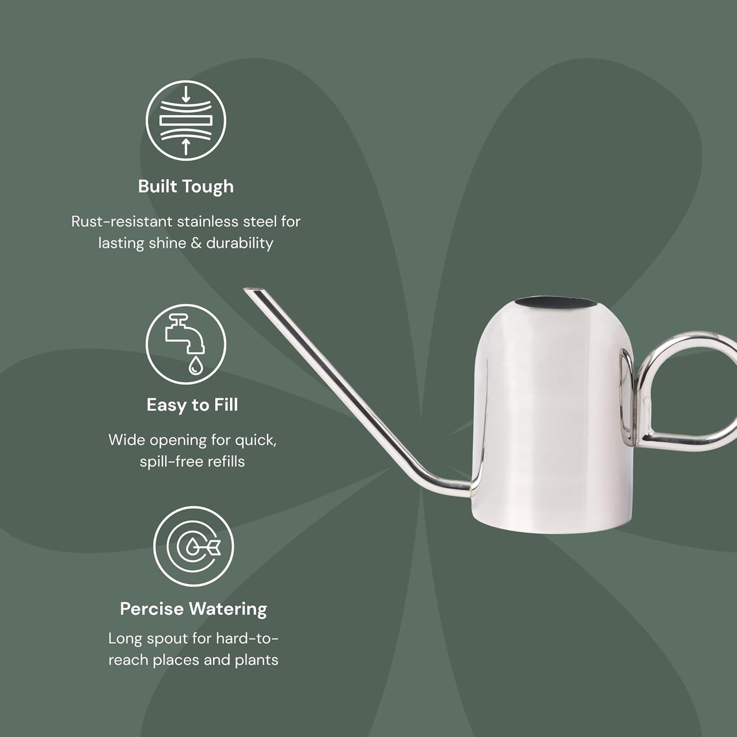 Crane 1.5L Watering Can, Silver Powder Coated with Novelty Handle and Long Sleek Spout
