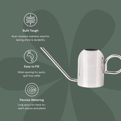 Crane 1.5L Watering Can, Silver Powder Coated with Novelty Handle and Long Sleek Spout