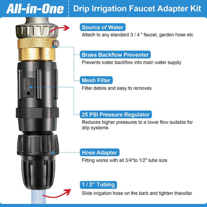 1 PC 25PSI Drip Irrigation Faucet Adapter Kit 1/2" Tubing to 3/4" Faucet