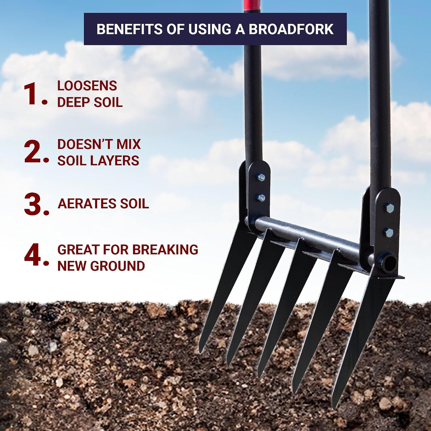 5-Tine Broadfork, Fiberglass Handles, 56" 10-Gauge Steel Fork
