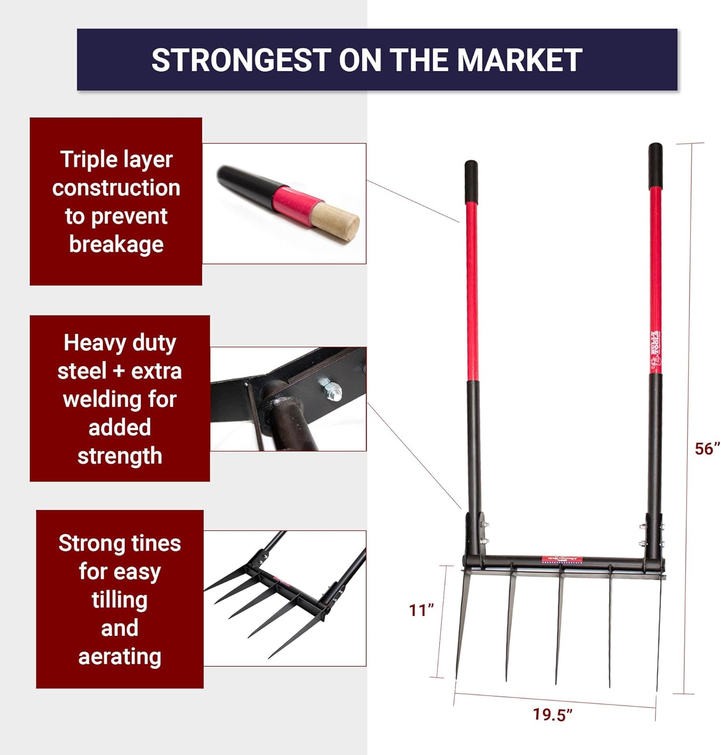 5-Tine Broadfork, Fiberglass Handles, 56" 10-Gauge Steel Fork