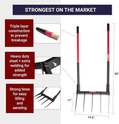 5-Tine Broadfork, Fiberglass Handles, 56" 10-Gauge Steel Fork