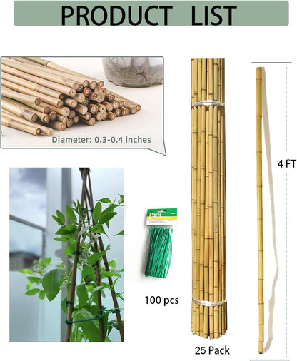 4 Ft Bamboo Stakes with 100 Twist Ties Natural Bamboo Garden Stakes for Tomatoes Cucumber Grapes Pole Beans Trees Potted Dahlia Flowers and Climbing Plants - Pack of 25