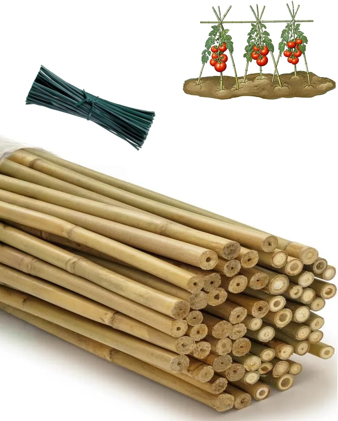 4 Ft Bamboo Stakes with 100 Twist Ties Natural Bamboo Garden Stakes for Tomatoes Cucumber Grapes Pole Beans Trees Potted Dahlia Flowers and Climbing Plants - Pack of 25