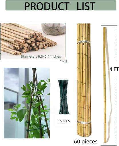 4 Ft Bamboo Stakes with 100 Twist Ties Natural Bamboo Garden Stakes for Tomatoes Cucumber Grapes Pole Beans Trees Potted Dahlia Flowers and Climbing Plants - Pack of 25