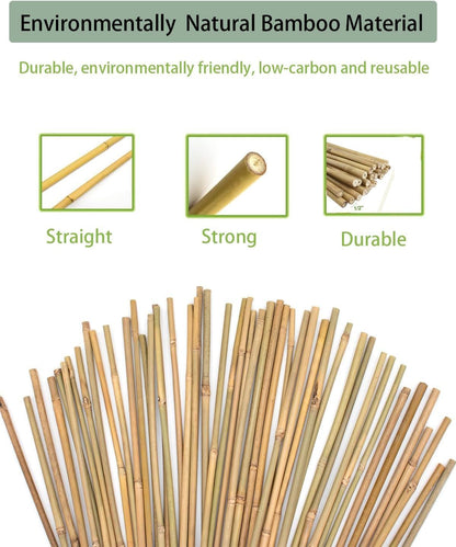 4 Ft Bamboo Stakes with 100 Twist Ties Natural Bamboo Garden Stakes for Tomatoes Cucumber Grapes Pole Beans Trees Potted Dahlia Flowers and Climbing Plants - Pack of 25