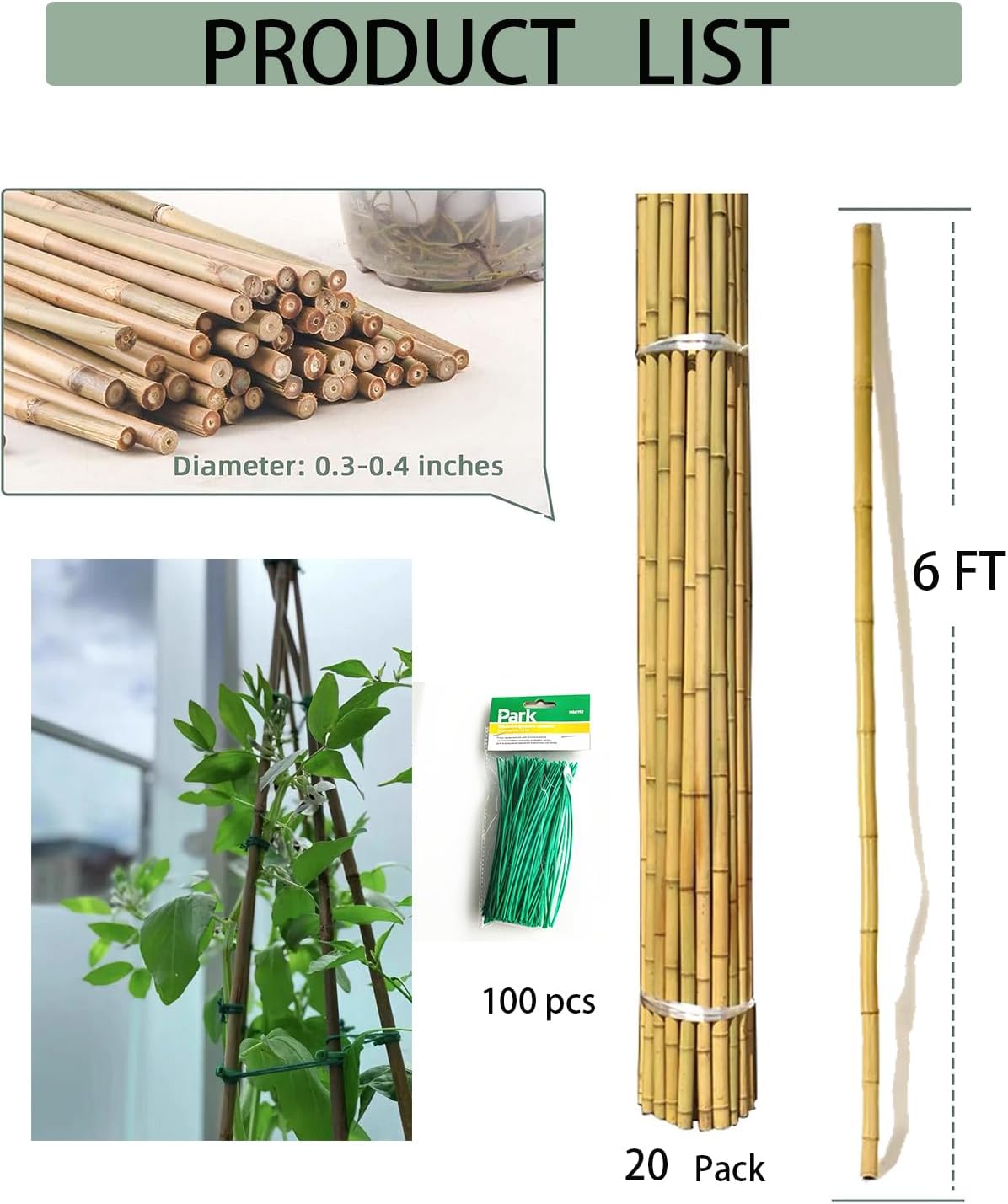 4 Ft Bamboo Stakes with 100 Twist Ties Natural Bamboo Garden Stakes for Tomatoes Cucumber Grapes Pole Beans Trees Potted Dahlia Flowers and Climbing Plants - Pack of 25