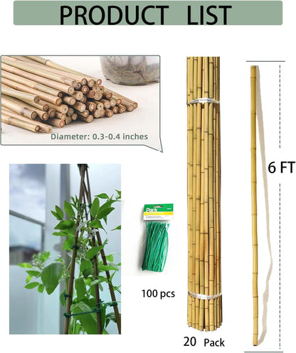 4 Ft Bamboo Stakes with 100 Twist Ties Natural Bamboo Garden Stakes for Tomatoes Cucumber Grapes Pole Beans Trees Potted Dahlia Flowers and Climbing Plants - Pack of 25