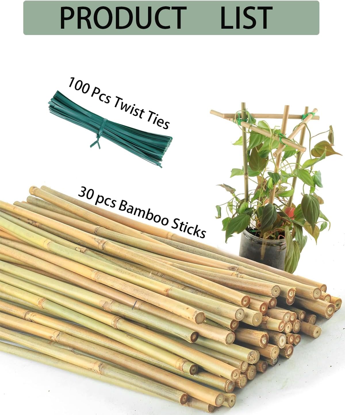 4 Ft Bamboo Stakes with 100 Twist Ties Natural Bamboo Garden Stakes for Tomatoes Cucumber Grapes Pole Beans Trees Potted Dahlia Flowers and Climbing Plants - Pack of 25
