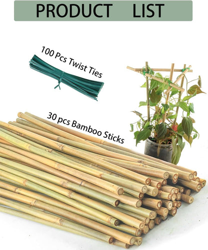 4 Ft Bamboo Stakes with 100 Twist Ties Natural Bamboo Garden Stakes for Tomatoes Cucumber Grapes Pole Beans Trees Potted Dahlia Flowers and Climbing Plants - Pack of 25