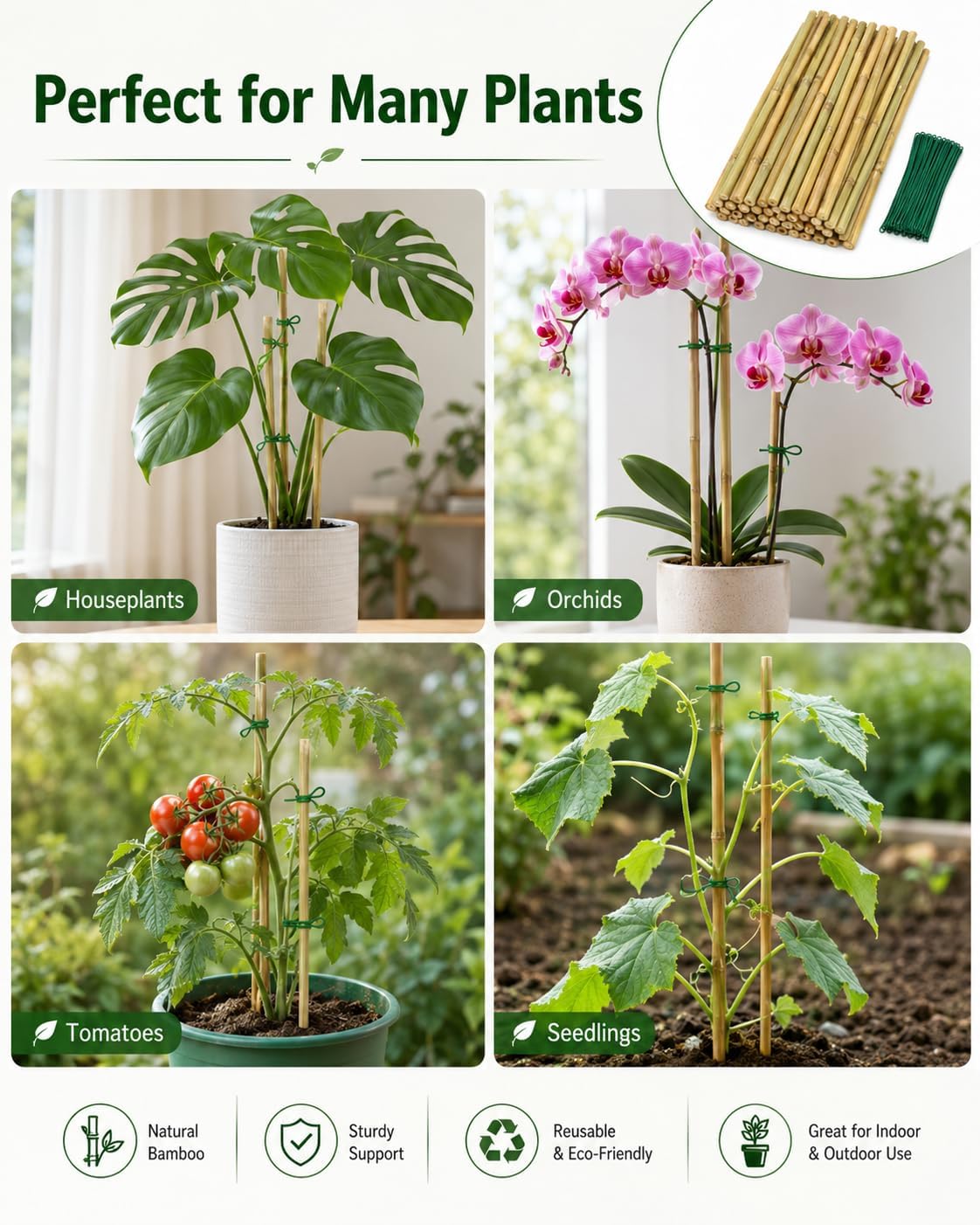 4 Ft Bamboo Stakes with 100 Twist Ties Natural Bamboo Garden Stakes for Tomatoes Cucumber Grapes Pole Beans Trees Potted Dahlia Flowers and Climbing Plants - Pack of 25