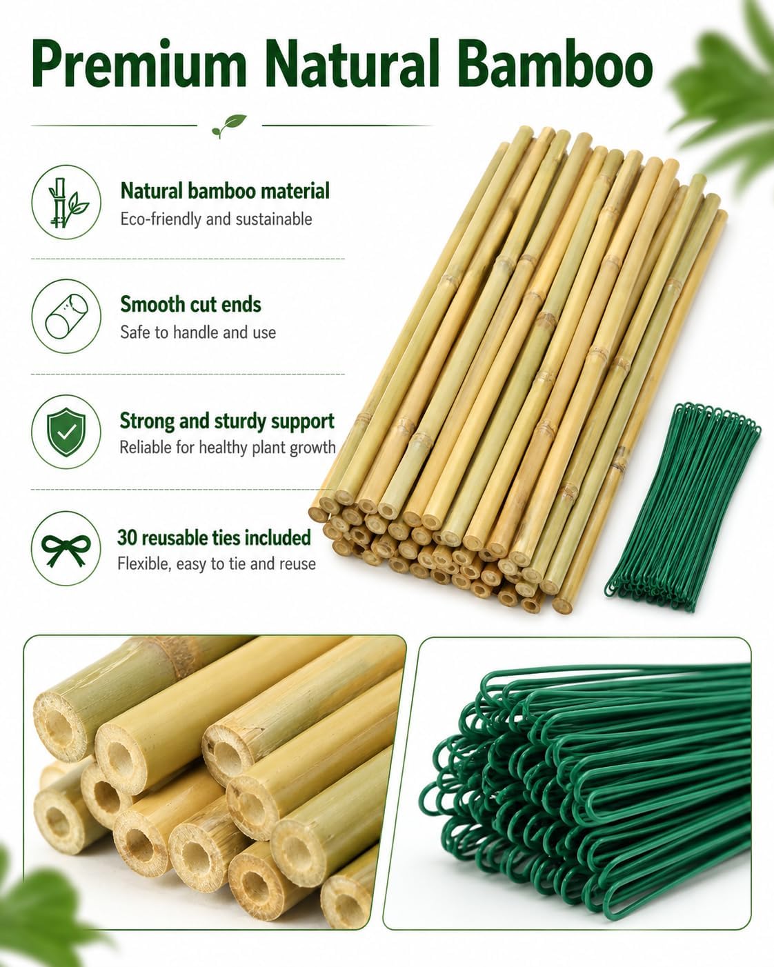 4 Ft Bamboo Stakes with 100 Twist Ties Natural Bamboo Garden Stakes for Tomatoes Cucumber Grapes Pole Beans Trees Potted Dahlia Flowers and Climbing Plants - Pack of 25