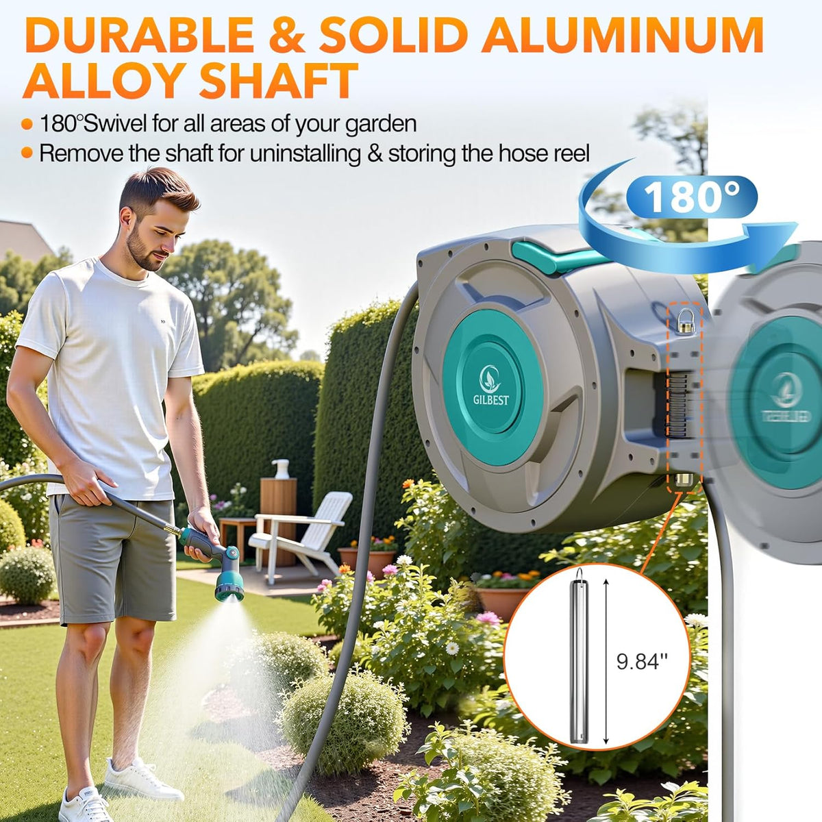 5/8" x 100 ft Retractable Garden Hose Reel, Heavy Duty Water Hose Reel