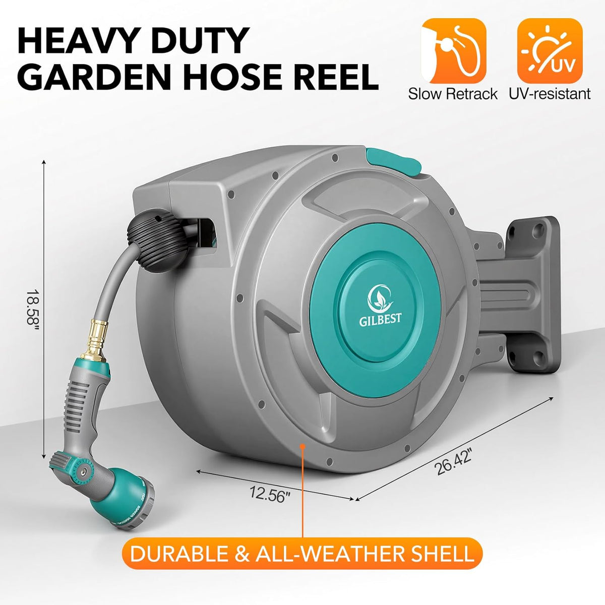 5/8" x 100 ft Retractable Garden Hose Reel, Heavy Duty Water Hose Reel