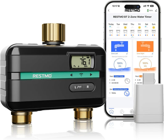 Smart Sprinkler Timer with Flow Meter, 2 Zone Water Timer for Garden Hose, Brass Inlet & Outlet, Automatic Lawn & Yard Irrigation Watering System, APP Remote Control (2.4Ghz WiFi Connection)