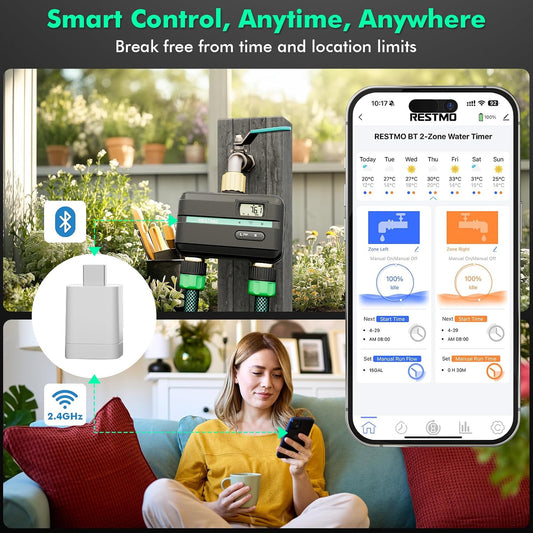 Smart Sprinkler Timer with Flow Meter, 2 Zone Water Timer for Garden Hose, Brass Inlet & Outlet, Automatic Lawn & Yard Irrigation Watering System, APP Remote Control (2.4Ghz WiFi Connection)
