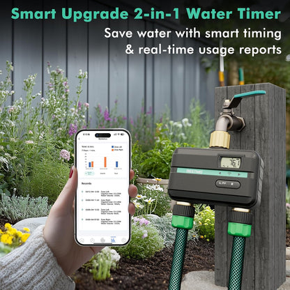 Smart Sprinkler Timer with Flow Meter, 2 Zone Water Timer for Garden Hose, Brass Inlet & Outlet, Automatic Lawn & Yard Irrigation Watering System, APP Remote Control (2.4Ghz WiFi Connection)
