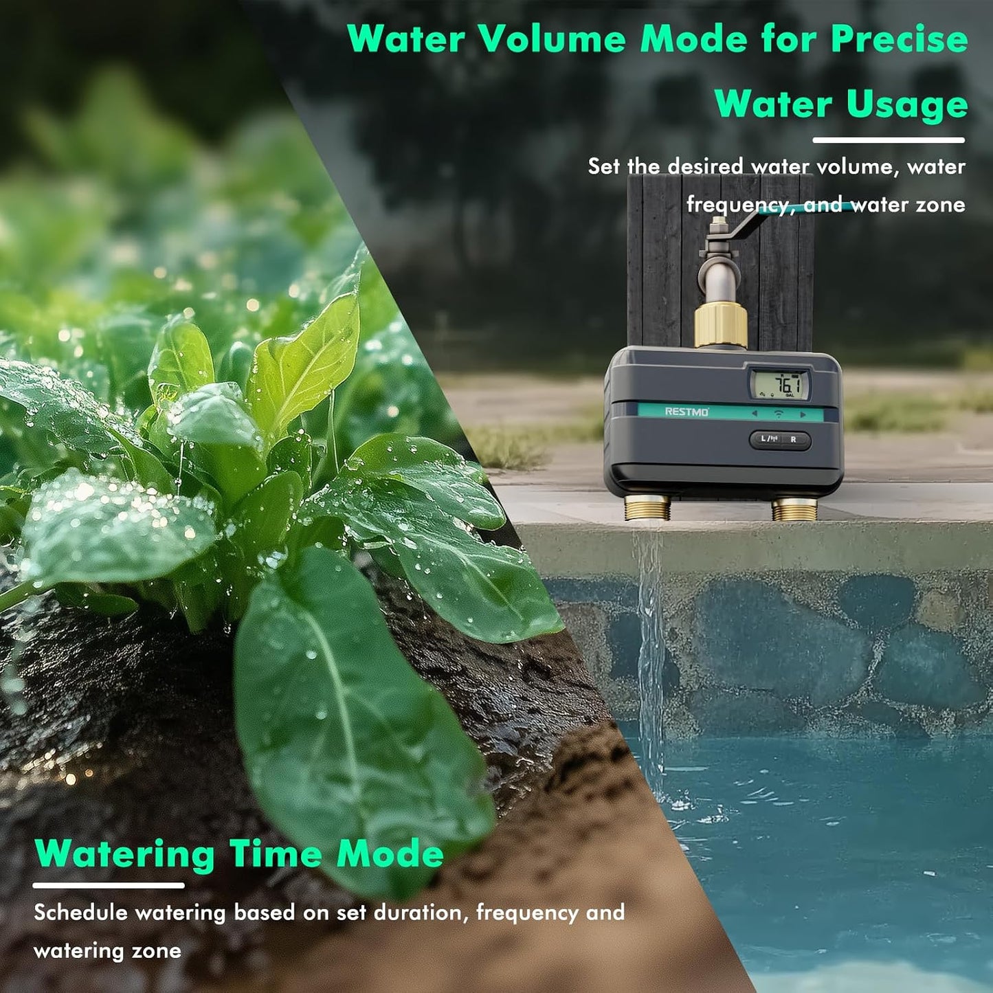 Smart Sprinkler Timer with Flow Meter, 2 Zone Water Timer for Garden Hose, Brass Inlet & Outlet, Automatic Lawn & Yard Irrigation Watering System, APP Remote Control (2.4Ghz WiFi Connection)