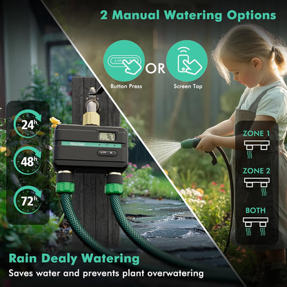 Smart Sprinkler Timer with Flow Meter, 2 Zone Water Timer for Garden Hose, Brass Inlet & Outlet, Automatic Lawn & Yard Irrigation Watering System, APP Remote Control (2.4Ghz WiFi Connection)