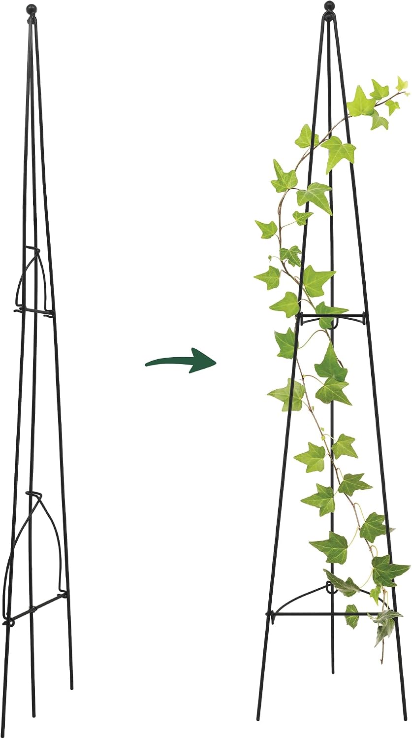 – No Assembly Required – 3 ft Folding Metal Obelisk Trellis for Climbing Plants – Plastic-Coated Grow Support for Indoor Outdoor Flowers, Vegetables, Vines, Ivy