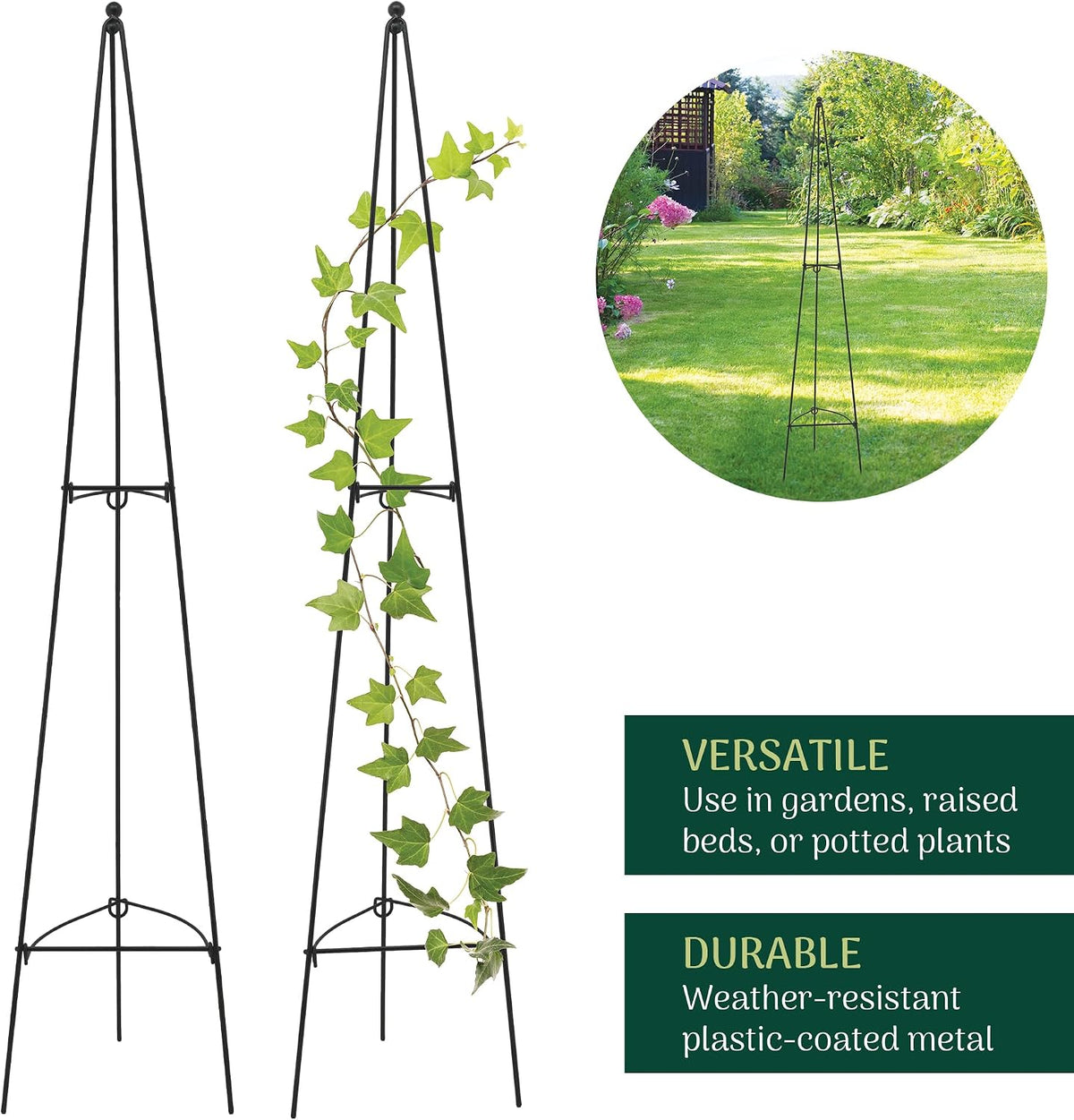 – No Assembly Required – 3 ft Folding Metal Obelisk Trellis for Climbing Plants – Plastic-Coated Grow Support for Indoor Outdoor Flowers, Vegetables, Vines, Ivy