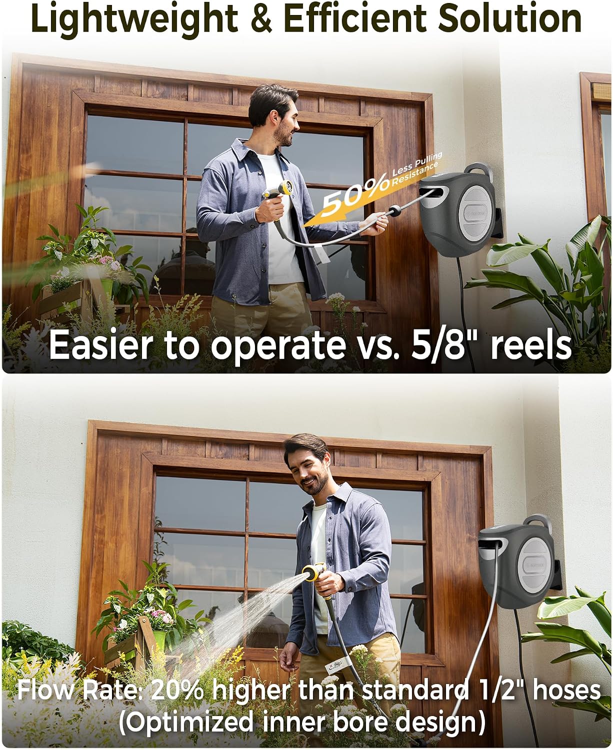 GLAHODEN Retractable Garden Hose Reel 1/2 in x 100 ft Upgraded UV Resistant Heavy Duty Automatic Hose Reel Wall Mount 3/4 in Brass Fitting 9 Pattern Nozzle Any Length Lock Slow Retraction 180° Swivel