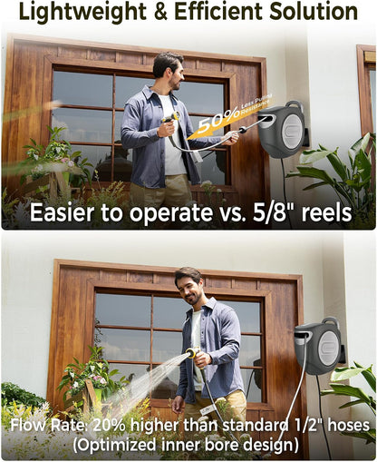 GLAHODEN Retractable Garden Hose Reel 1/2 in x 100 ft Upgraded UV Resistant Heavy Duty Automatic Hose Reel Wall Mount 3/4 in Brass Fitting 9 Pattern Nozzle Any Length Lock Slow Retraction 180° Swivel
