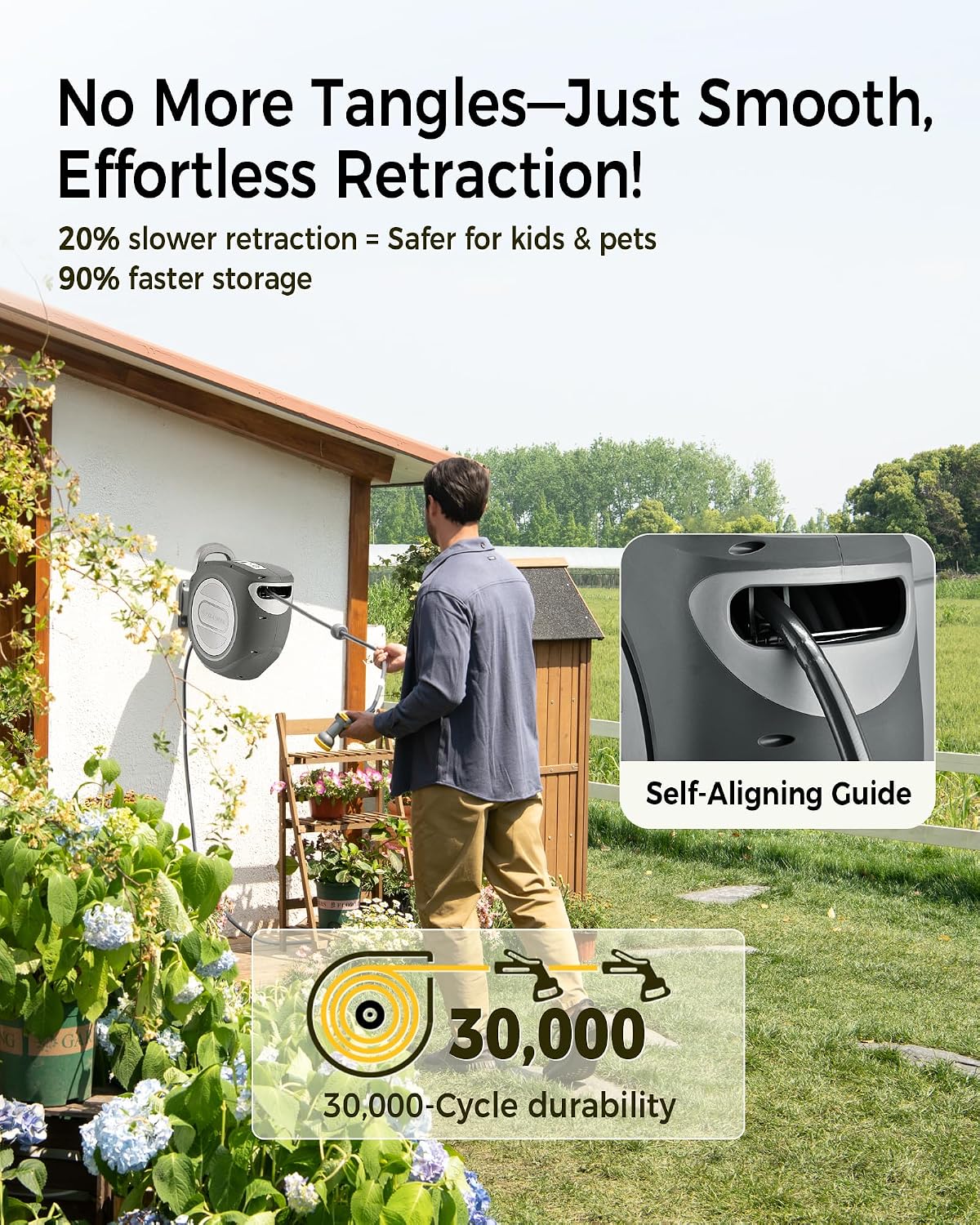 GLAHODEN Retractable Garden Hose Reel 1/2 in x 100 ft Upgraded UV Resistant Heavy Duty Automatic Hose Reel Wall Mount 3/4 in Brass Fitting 9 Pattern Nozzle Any Length Lock Slow Retraction 180° Swivel