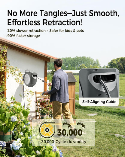 GLAHODEN Retractable Garden Hose Reel 1/2 in x 100 ft Upgraded UV Resistant Heavy Duty Automatic Hose Reel Wall Mount 3/4 in Brass Fitting 9 Pattern Nozzle Any Length Lock Slow Retraction 180° Swivel