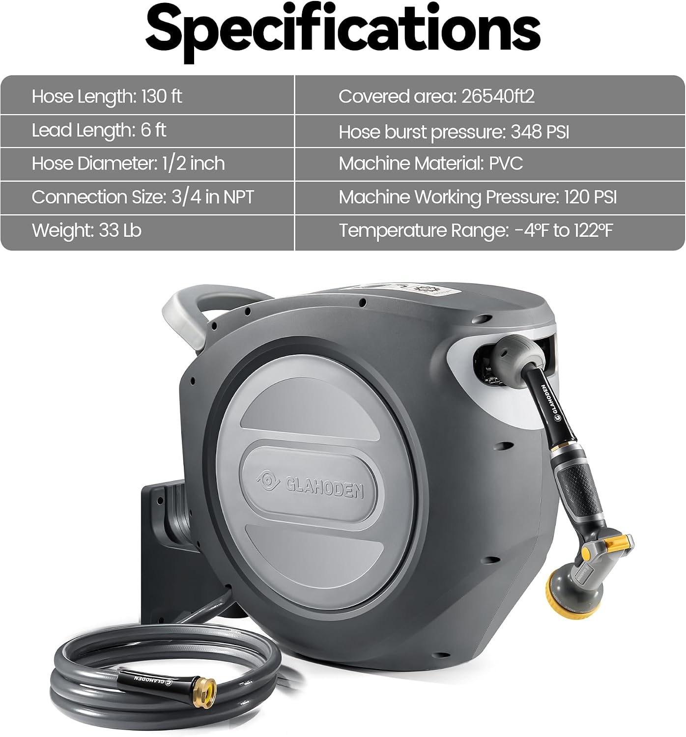 GLAHODEN Retractable Garden Hose Reel 1/2 in x 100 ft Upgraded UV Resistant Heavy Duty Automatic Hose Reel Wall Mount 3/4 in Brass Fitting 9 Pattern Nozzle Any Length Lock Slow Retraction 180° Swivel