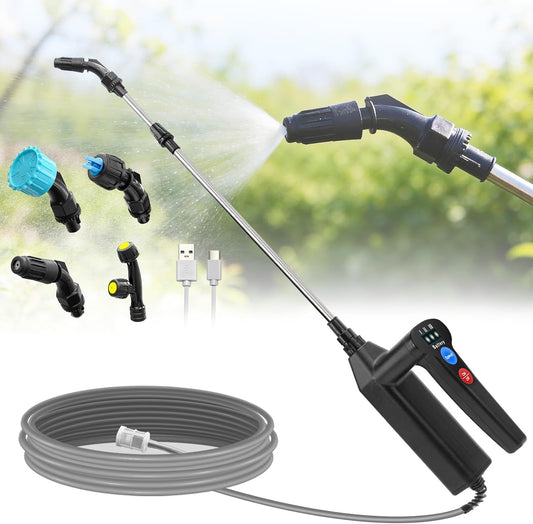 Electric Sprayer Wand, 3 Adjustable Pressures Battery Powered Garden Sprayer Wand with 31" Telescopic Wand, 16.4FT Hose, 4 Nozzles, Portable Water Sprayer for Lawn, Weed, Yard Care