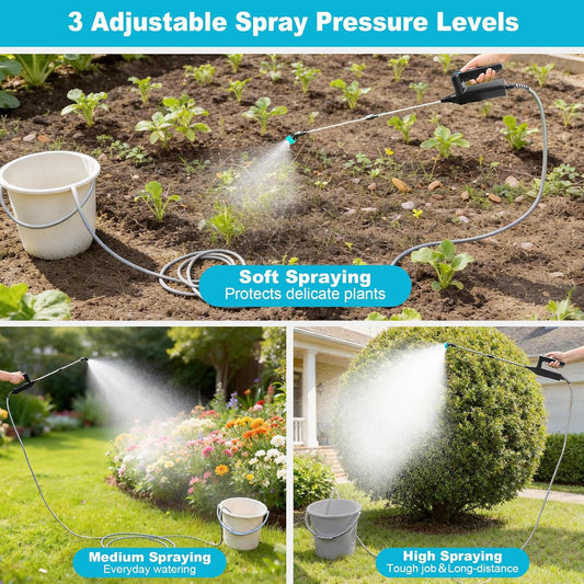 Electric Sprayer Wand, 3 Adjustable Pressures Battery Powered Garden Sprayer Wand with 31" Telescopic Wand, 16.4FT Hose, 4 Nozzles, Portable Water Sprayer for Lawn, Weed, Yard Care