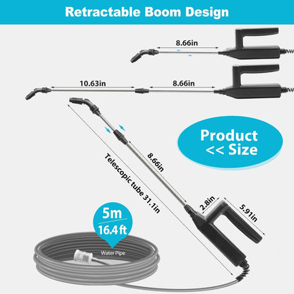 Electric Sprayer Wand, 3 Adjustable Pressures Battery Powered Garden Sprayer Wand with 31" Telescopic Wand, 16.4FT Hose, 4 Nozzles, Portable Water Sprayer for Lawn, Weed, Yard Care