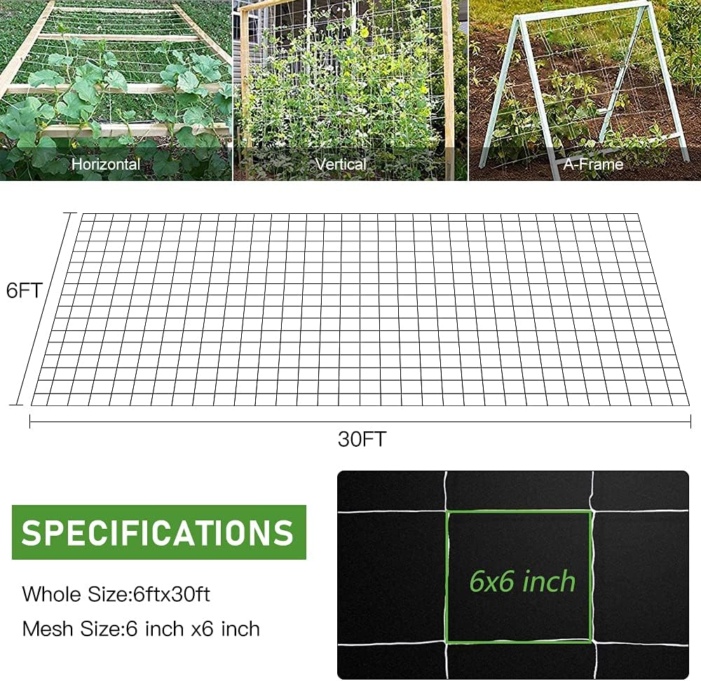 Trellis Netting, Heavy-Duty Garden Plant Trellis Netting for Climbing Plants, Outdoor Indoor Grow Net for Beans Tomatoes Peas Pumpkin Flowers, 6x30ft, 1 Pack