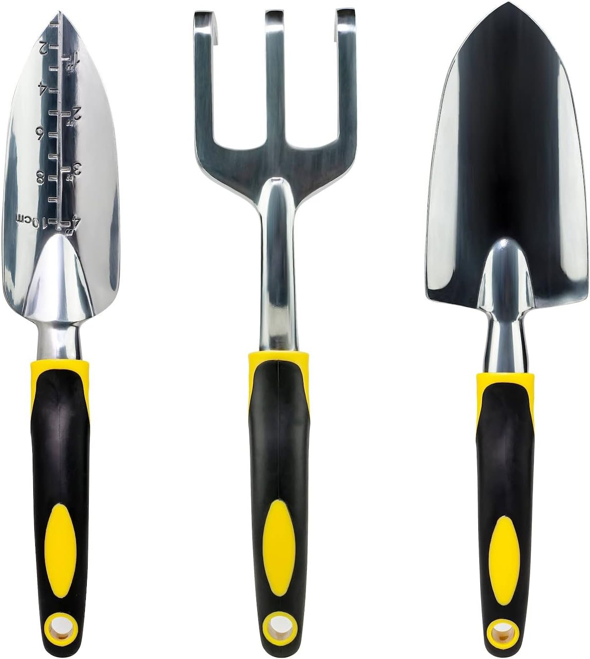 3PC Garden Tool Set with Soft Rubberized Non-Slip Handles - Hand Trowel, Transplant Trowel, Hand Rake in Polished Aluminum - Ideal for All Gardening Needs and The for Gardeners