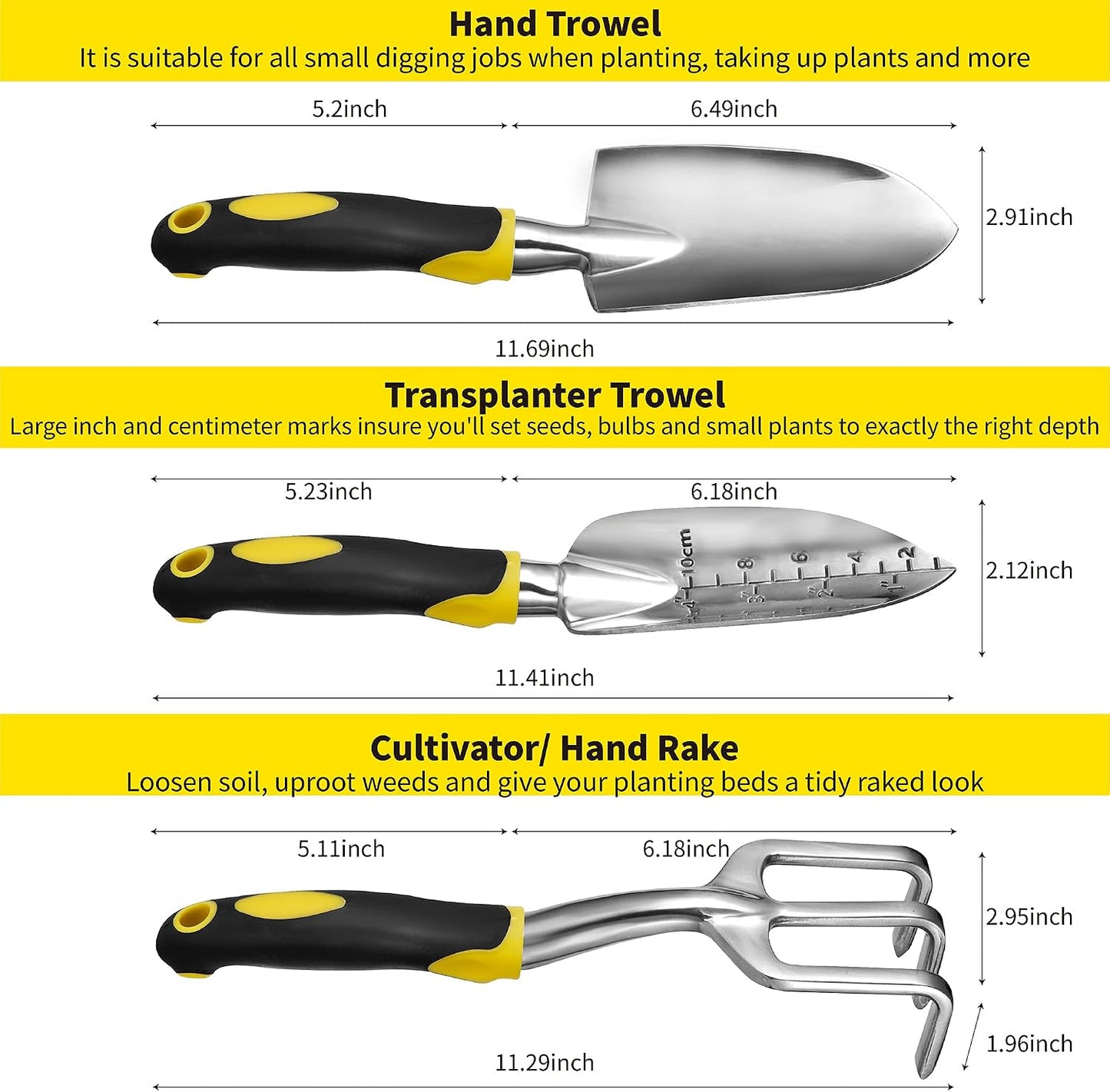 3PC Garden Tool Set with Soft Rubberized Non-Slip Handles - Hand Trowel, Transplant Trowel, Hand Rake in Polished Aluminum - Ideal for All Gardening Needs and The for Gardeners