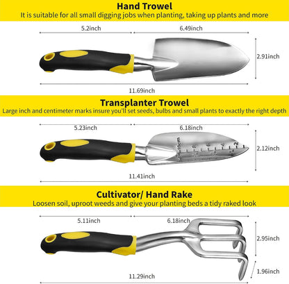 3PC Garden Tool Set with Soft Rubberized Non-Slip Handles - Hand Trowel, Transplant Trowel, Hand Rake in Polished Aluminum - Ideal for All Gardening Needs and The for Gardeners