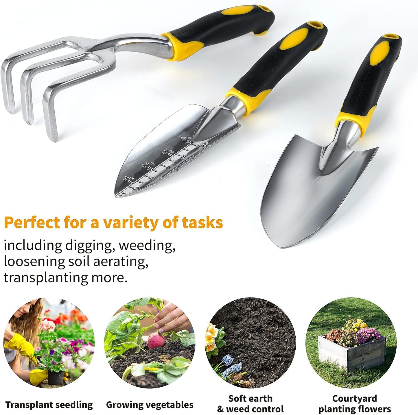 3PC Garden Tool Set with Soft Rubberized Non-Slip Handles - Hand Trowel, Transplant Trowel, Hand Rake in Polished Aluminum - Ideal for All Gardening Needs and The for Gardeners