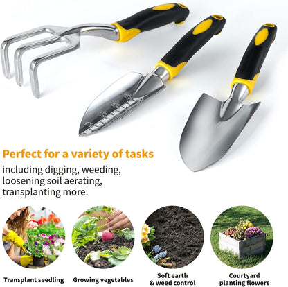 3PC Garden Tool Set with Soft Rubberized Non-Slip Handles - Hand Trowel, Transplant Trowel, Hand Rake in Polished Aluminum - Ideal for All Gardening Needs and The for Gardeners