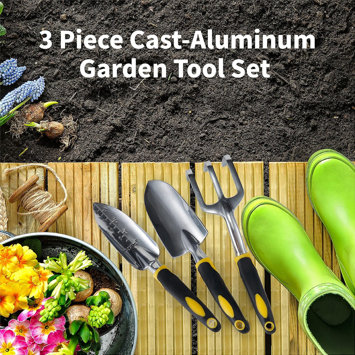 3PC Garden Tool Set with Soft Rubberized Non-Slip Handles - Hand Trowel, Transplant Trowel, Hand Rake in Polished Aluminum - Ideal for All Gardening Needs and The for Gardeners