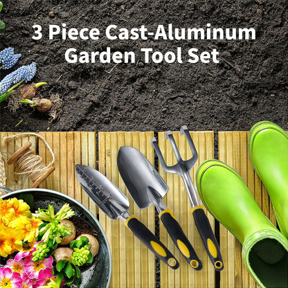 3PC Garden Tool Set with Soft Rubberized Non-Slip Handles - Hand Trowel, Transplant Trowel, Hand Rake in Polished Aluminum - Ideal for All Gardening Needs and The for Gardeners