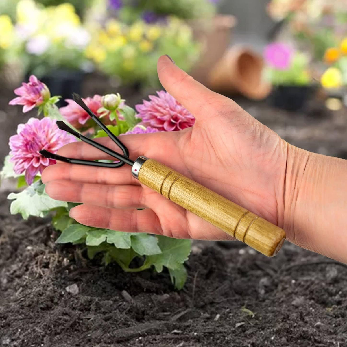 3PC Garden Tool Set with Soft Rubberized Non-Slip Handles - Hand Trowel, Transplant Trowel, Hand Rake in Polished Aluminum - Ideal for All Gardening Needs and The for Gardeners