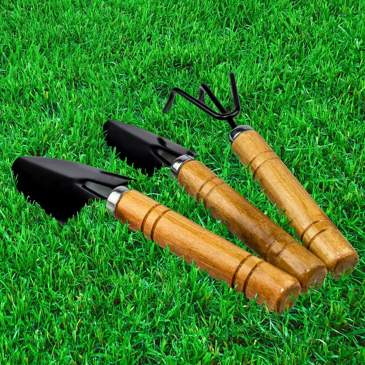 3PC Garden Tool Set with Soft Rubberized Non-Slip Handles - Hand Trowel, Transplant Trowel, Hand Rake in Polished Aluminum - Ideal for All Gardening Needs and The for Gardeners