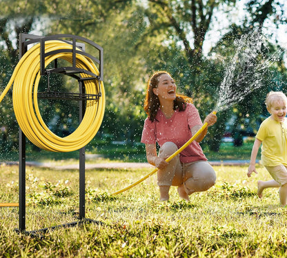 Heavy-Duty Portable Garden Hose Holder with Storage Basket,120+ lbs Capacity, Holds 180ft 1/2" Hose,Dual Support Rods & Rustproof Screws,Modern Geometric Design