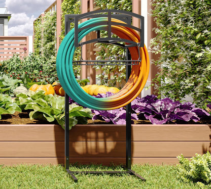 Heavy-Duty Portable Garden Hose Holder with Storage Basket,120+ lbs Capacity, Holds 180ft 1/2" Hose,Dual Support Rods & Rustproof Screws,Modern Geometric Design