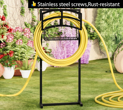 Heavy-Duty Portable Garden Hose Holder with Storage Basket,120+ lbs Capacity, Holds 180ft 1/2" Hose,Dual Support Rods & Rustproof Screws,Modern Geometric Design