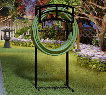 Heavy-Duty Portable Garden Hose Holder with Storage Basket,120+ lbs Capacity, Holds 180ft 1/2" Hose,Dual Support Rods & Rustproof Screws,Modern Geometric Design