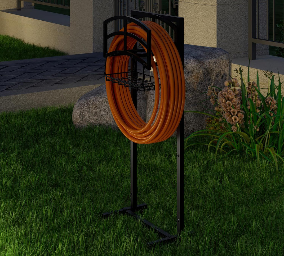 Heavy-Duty Portable Garden Hose Holder with Storage Basket,120+ lbs Capacity, Holds 180ft 1/2" Hose,Dual Support Rods & Rustproof Screws,Modern Geometric Design