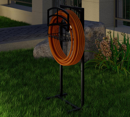 Heavy-Duty Portable Garden Hose Holder with Storage Basket,120+ lbs Capacity, Holds 180ft 1/2" Hose,Dual Support Rods & Rustproof Screws,Modern Geometric Design