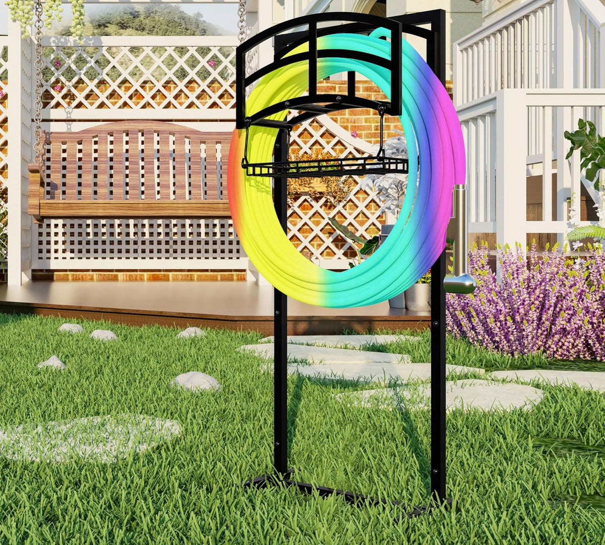 Heavy-Duty Portable Garden Hose Holder with Storage Basket,120+ lbs Capacity, Holds 180ft 1/2" Hose,Dual Support Rods & Rustproof Screws,Modern Geometric Design